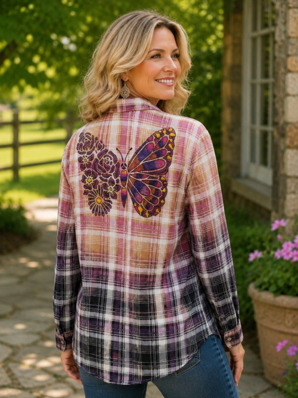 Upcycled Hand Painted Butterflies and Flowers Rayon Shirt - Bleached Purple Pink